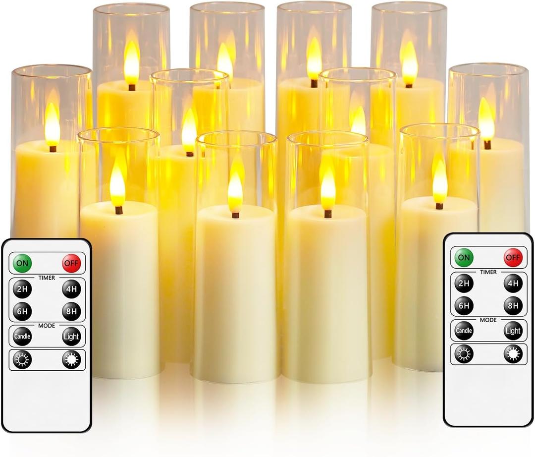 Flickering Flameless Candles, Battery Operated Acrylic LED Pillar Candles with Remote Control and Timer,Pack of 12,(D1.57 xH 4" 5" 6") for Holiday Decorations Home Decorations (Ivory)