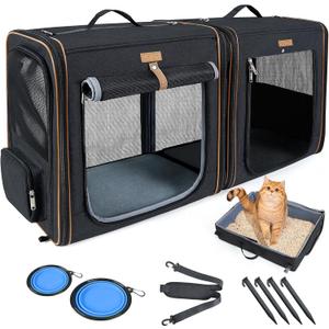 Lekereise 2-in-1 Cat Travel Carrier with Litter Box, (20.85" x2) x19.7"x19.7" Large Cat Carrier with Zipper Locks for Moving Across The Country (No Hammock) - Black