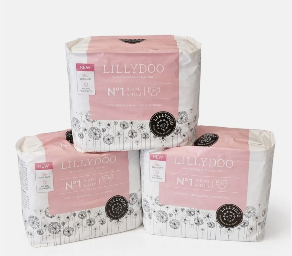 Lilly Doo Baby Diapers 4-11 lbs Soft Snug 24 Count Per Pack, Lot Of 3
