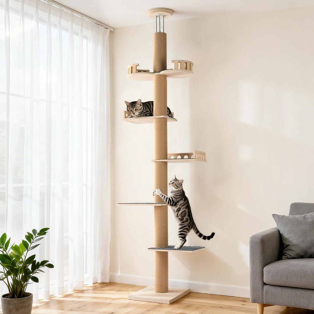 Veehoo Floor to Ceiling Cat Tree, Adjustable Height (5.1-9.4 ft) Tall Climbing Tower with Sisal Scratching Posts, Modern Cat Activity Tree for Indoor Cats