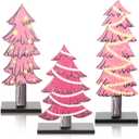 Meooeck 3 Pcs Pink Wood Christmas Trees Tabletop Rustic Christmas Decor Farmhouse Centerpieces Decorations for Tables with Rectangular Base for Home