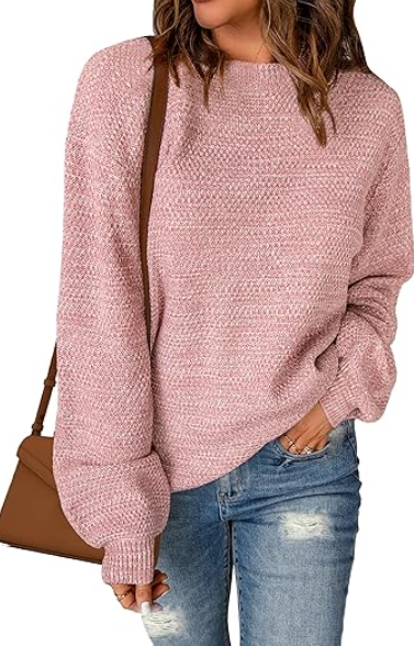 Sucolan Oversized Sweaters for Women Heathered Long Sleeve Crew Neck Pullover Knit Sweater Casual Fall Tops 2025 Fashion XS, Light Rose Pink