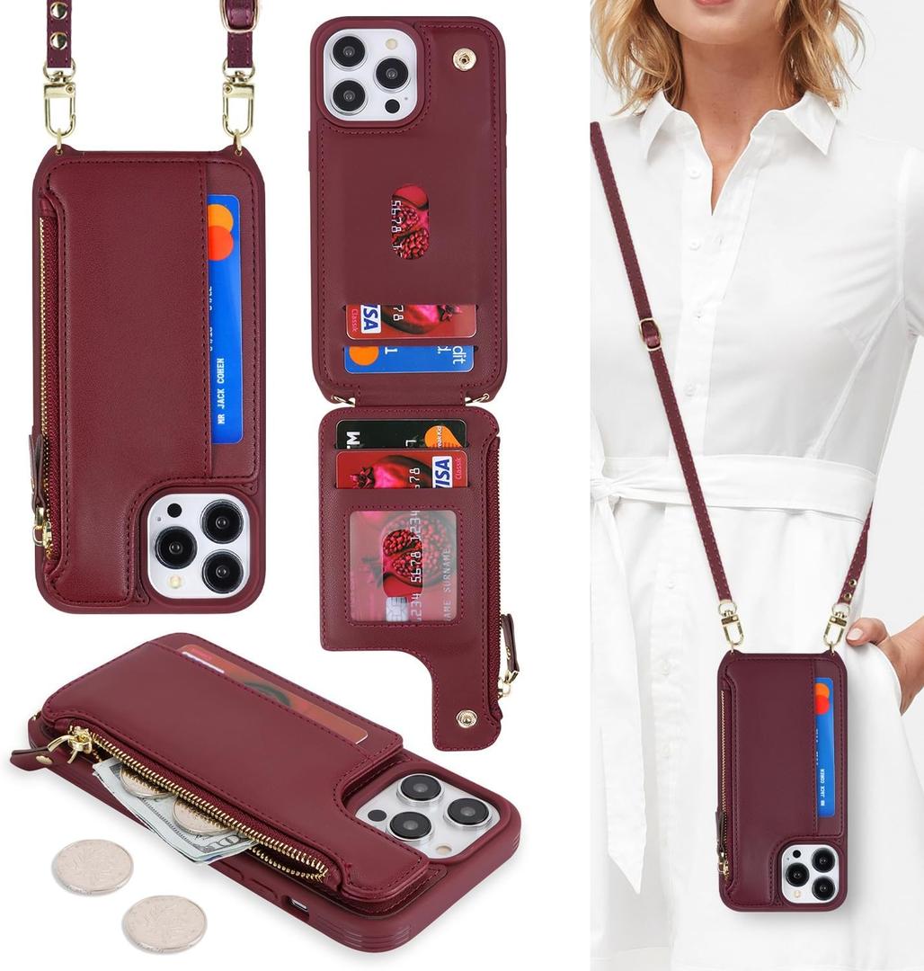 Cavor for iPhone 14 Pro Max Wallet Case with Card Holder for Women,for iPhone 14 Pro Max Case with Strap,Crossbody and Wristlet Zipper Pocket Phone Cover-Wine red