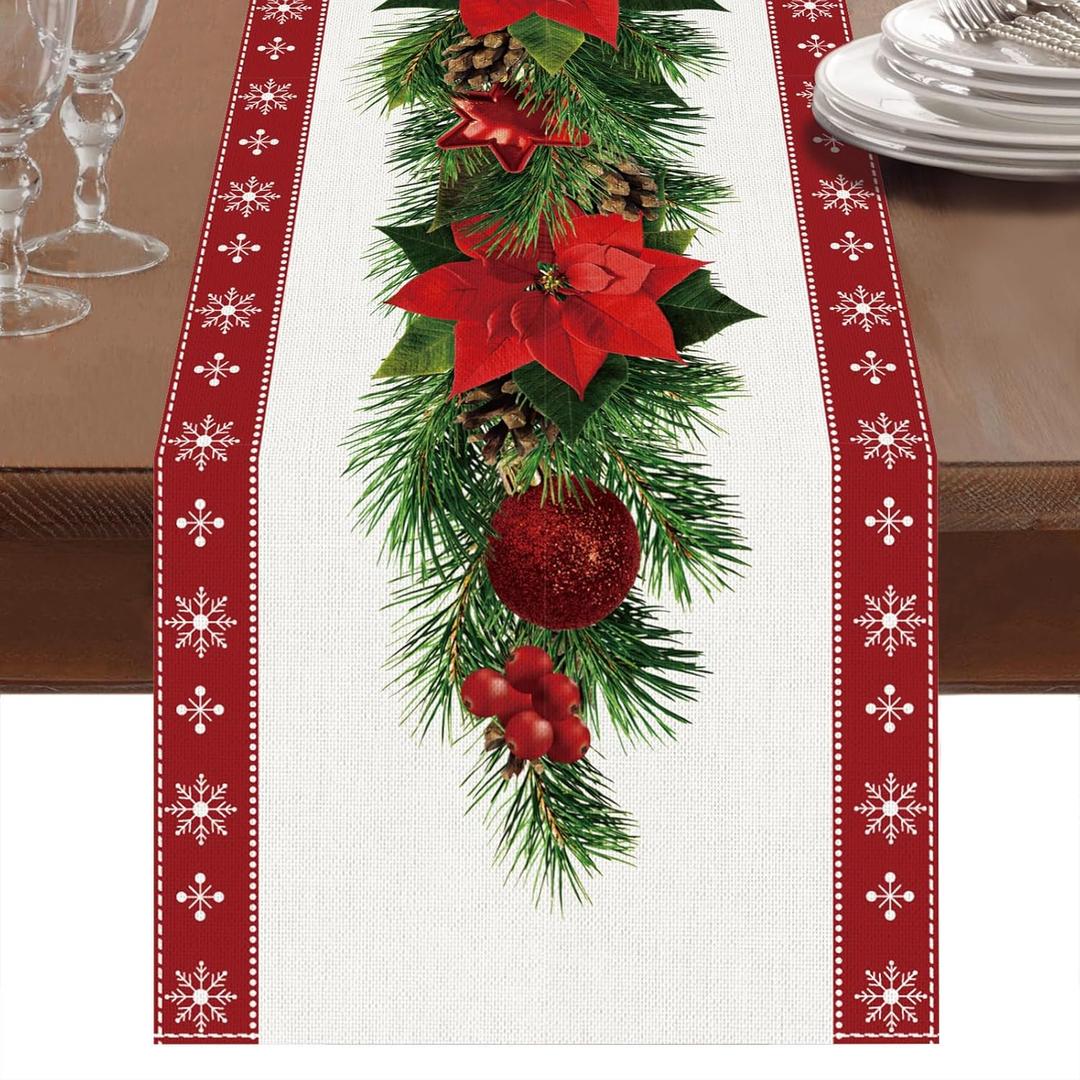 Netnology Watercolor Poinsettia Red Christmas Table Runner with White Snowflake,Seasonal Winter Xmas Party Decoration Holiday Indoor Home Kitchen Decor 13 x 108 Inch