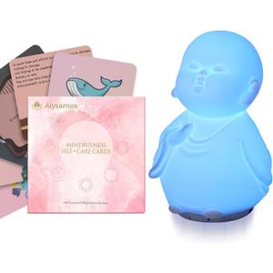 Mindfulness Tool Set with Guided Visual Meditation Breathing Lamp and 48 Positive Affirmation Cards, 3 in 1 Device with Night Light & Noise Machine, Self-Care Gift for Anxiety Relief and Relaxation