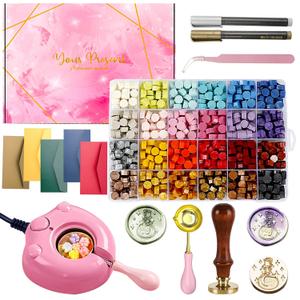 MONVICT 732 Pcs Wax Seal Stamp Kit with Pink Gift Box, Electric Wax Seal Warmer, Sealing Beads, Stamp, Spoon, Pens, Envelopes, Tweezers Gift for Kids Girls Crafter DIY