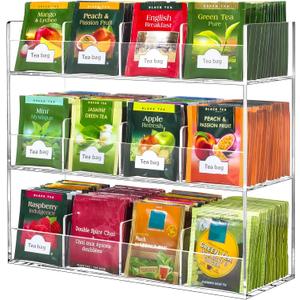 BEYGORM Acrylic Tea Bag Organizer for 216 Tea Packets, No Assembly Required, Display Holder for Countertop, Vertical Tea Bag Caddy for Cabinet, Tea bar Accessories, Teabags Storage Containers (12 Compartments)