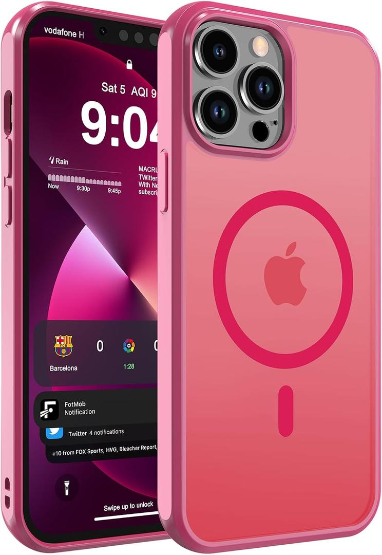 DEERLAMN Magnetic Matte Case for iPhone 14 Pro 6.1-Inch, [Compatible with MagSafe][Military Grade Drop Protection] Anti-Fingerprint Slim Translucent Shockproof Protective Phone Cover, Hot Pink