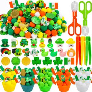 307 Pcs St. Patrick's Day Sensory Bin Filler Shamrock Fine Motor Sensory Bin Items Includes Pom Poms Irish Shamrock St. Patrick's Hat Resin Animals for Counting Sorting Training
