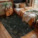 Joydeco Mushroom 5x7 Area Rugs for Bedroom, Washable Rugs for Living Room Non Slip, Boho Floral Botanical Ultra-Thin Soft Indoor Floor Throw Carpet for Dining Home Office, Black-Brown