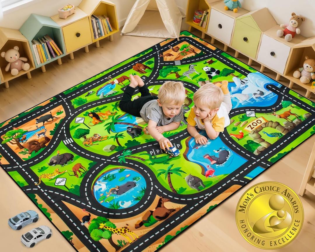 Kids Rug, 4x6 Ft Animal Car Rugs for Kids Toy Cars, Extra Thick (0.4in) - Non-Slip Zoo Road Rug Mat Carpet for Playroom & Bedroom, Educational Learning & Game Area