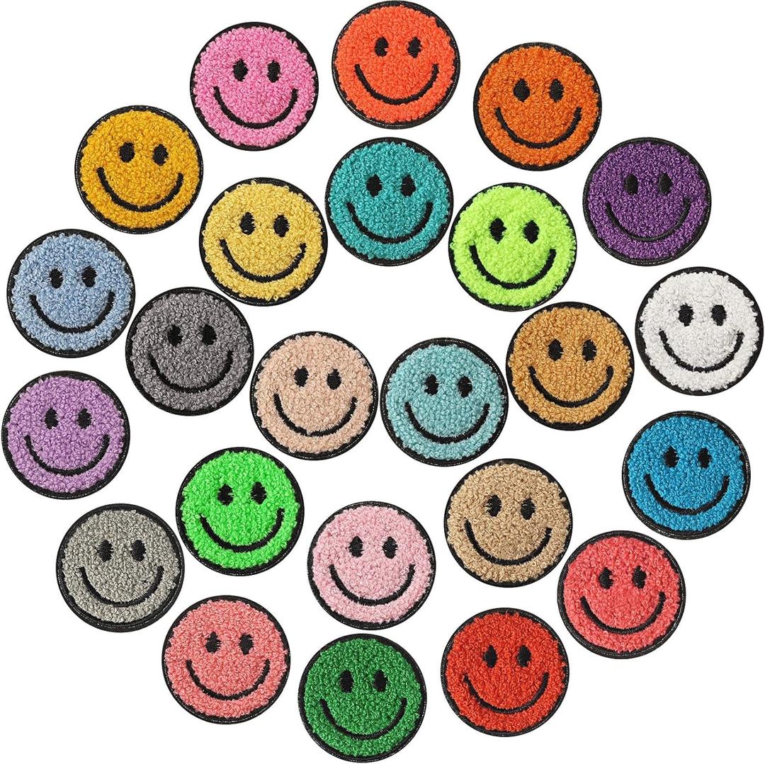 24 Pcs Smile Face Patch Iron on Patches 2 Inch Chenille Cute Preppy Happy Face Patches Glitter Heat Sequins Applique for Backpacks Hats Clothes Jackets Decorative DIY Craft