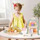 Wooden Tea Party Set for Little Girls, Toddler Tea Set with Cupcake Stand & Food Dessert, Pretend Play Food Kitchen Accessories for Kids Girls Age 2 3 4 5 6 Birthday Gift Wood Educational Toys