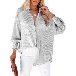 Womens Smocked Cuffed Striped Boyfriend Shirt Casual Collar Long Sleeve Oversized Button Down Blouse Tops with Pocket Shirred. L Size