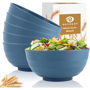 Large Soup Bowl 60 OZ, Wheat Straw Bowl Set of 6, Large Plastic Bowls Rusable, Microwave Safe Big Bowl for Fruit, Salad, Popcorn, Serving Bowls for Kitchen, Picnic, RV - Bule (Blue)