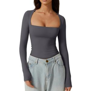 QINSEN Women's Sexy Square Neck Shirt Long Sleeve Double Lined Tees Fitted Going Out Tops (Medium, Dark Grey)