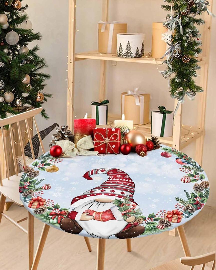 Christmas Red Dwarf Round Table Cloth Fitted Tablecloth,Blue Gradient Table Cover with Elastic Edge Waterproof Table Cloth,Xmas Gift Wreath Circle Table Covers for Kitchen Indoor Outdoor 45-54in