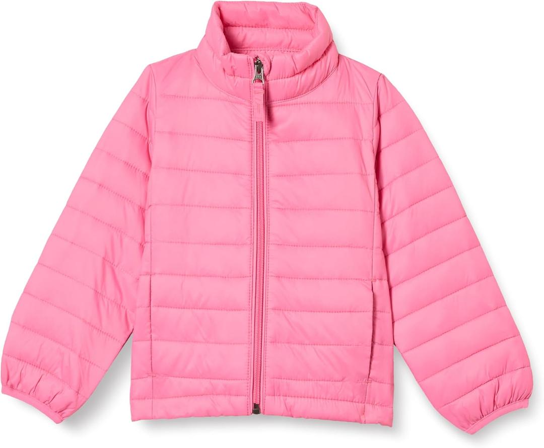 Amazon Essentials Girls and Toddlers' Lightweight Water-Resistant Hooded Packable Mock Puffer Jacket (X-Small, Bright Pink)