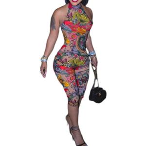 Sexy Jumpsuits for Women Print Backless Halter Jumpsuit Bodycon Capri Jumpsuits Club Outfits, L