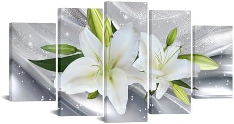 iKNOW FOTO Large 5 Pieces Canvas Wall Art Print Floral Lily Design 60x32 Framed Stretched Artwork Modern Contemporary Flower Painting Home Decor Canvas Prints for Living Room, Bedroom, Office