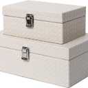 Faux Leather Decorative Jewelry Storage Organizer Boxes Set of 2, Apricot White