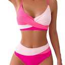 Sexybody Women' s High Waisted Bikini 2 Piece Tummy Control Swimsuits V Neck Modest Criss Cross Color Block Bathing Suit Medium 182 Rose Red
