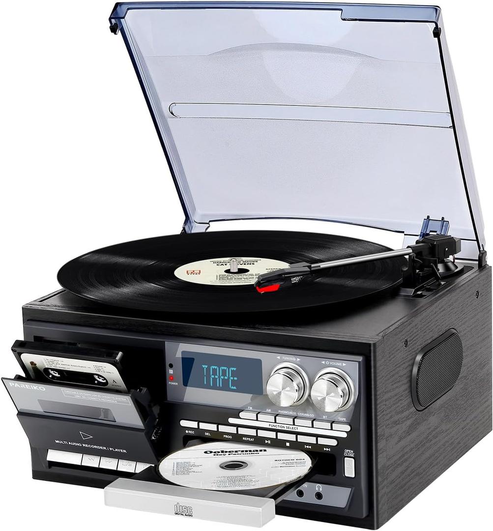 Vintage Record Player 9-in-1 Turntable with Built-in Speakers, AM/FM Radio, CD & Cassette Player, Bluetooth USB/SD Playback, Remote Control, Aux & RCA Inputs, Headphone Jack for Music Fans (Grey)
