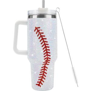 Joyclub 40 Oz Baseball Tumbler with Handle and Straw Rhinestone Bling Double Wall Vacuum Insulated Cup Travel Mug Baseball Gifts for Women's Day Easter Mother's Day Birthday