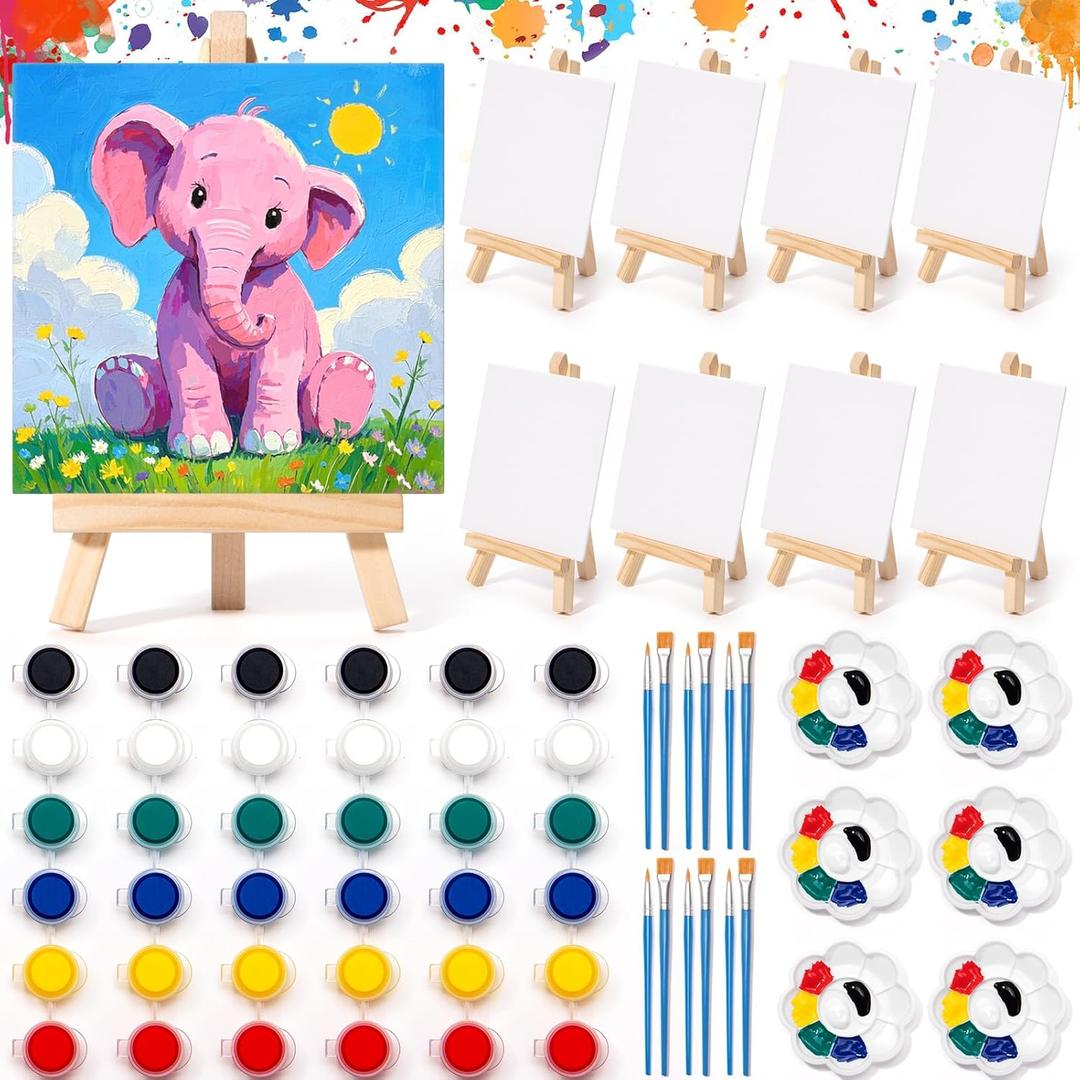 Partylamb 24 Sets Mini Acrylic Paint Kit with Wooden Easel, Canvas, Brushes, Palette, Painting Kits for Kids Girls Boys, Art Set Gifts for Birthday Party Favors Classroom Prizes Easter Gifts for Kids