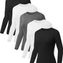 Kinglaman 5 Pack Womens Basic Long Sleeve Shirts Crew Neck Slim-Fit Fitted T Shirts Tops Undershirts Underscrub Baselayer M