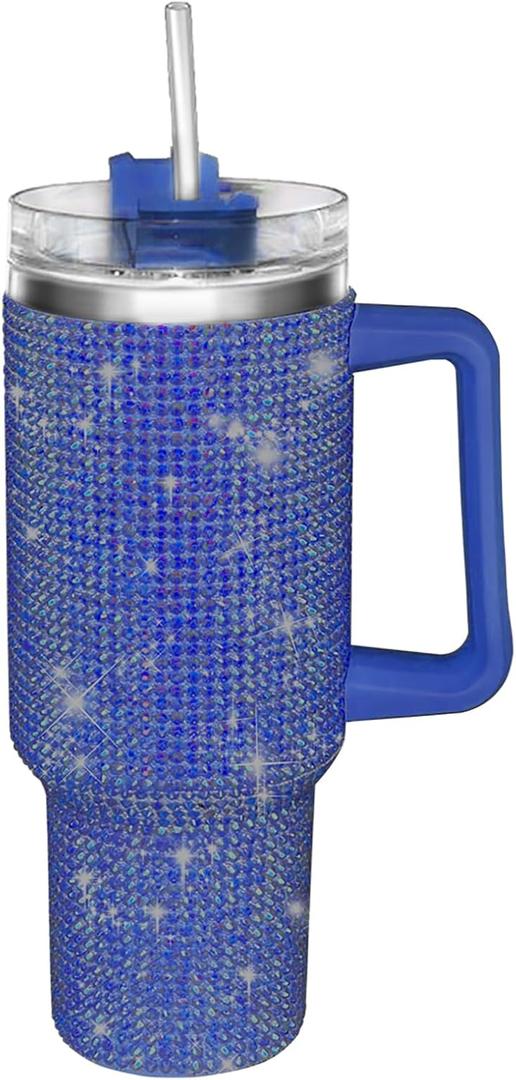 HWISDMIG 40oz Tumbler with Handle-Glitter Rhinestones Tumbler Bling Cups Stainless Steel Water Bottle Diamond Studded Tumbler for Women-Birthday Gifts for Women, Mom, Girlfriend (Pacific)