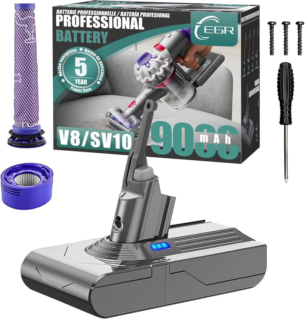EGR Upgraded 9000mAh V8 Battery Replacement Compatible with Dyson V8 Animal Battery Replacement V8 Absolute V8 Motorhead V8 Fluffy SV10 Carbon Fiber Vacuum Cleaner 2 Filters and 3 Screws Included