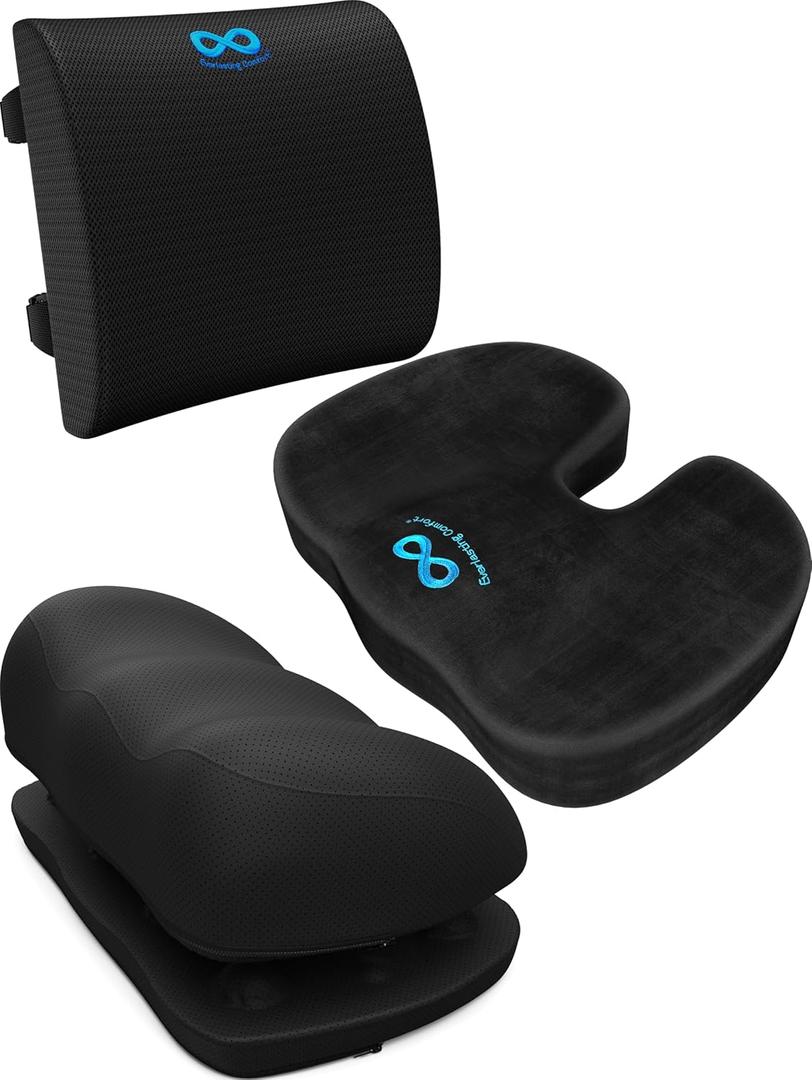 Everlasting Comfort Seat Cushion and Lumbar Support with Foot Rest  Memory Foam Ergonomics for Pain Relief and Improved Posture in Office and Home