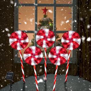 Outdoor Christmas Decorations Solar Pathway Lights, Set of 5 Lollipops Peppermint Stake Lights, 8 Modes Candy Cane Walkside Lights, Outdoor Xmas Decoration for Walkway, Yard (5PCS-Red)