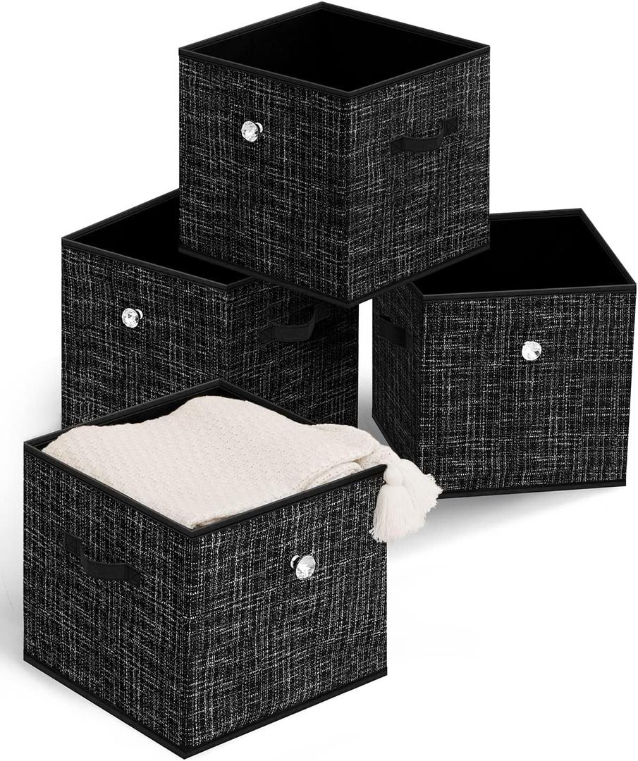 Storage Cubes Fabric Bins - Foldable Cube Storage Bin,Closet Organizer with Decorative Knob,Dual Handles Storage Basket,13 Inch for Nursery/Home Office/Closet 4 Pack (Black Grid)