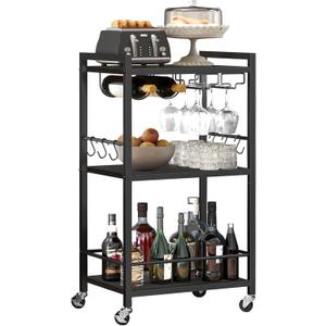 TUTOTAK Bar Cart, Home Bar Serving Cart, Microwave Cart, Drink Cart, Mobile Kitchen Shelf with Wine Rack and Glass Holder, Rolling Beverage Cart Living Room, Kitchen, Black BC01BK032 (13"D x 17"W x 33"H)