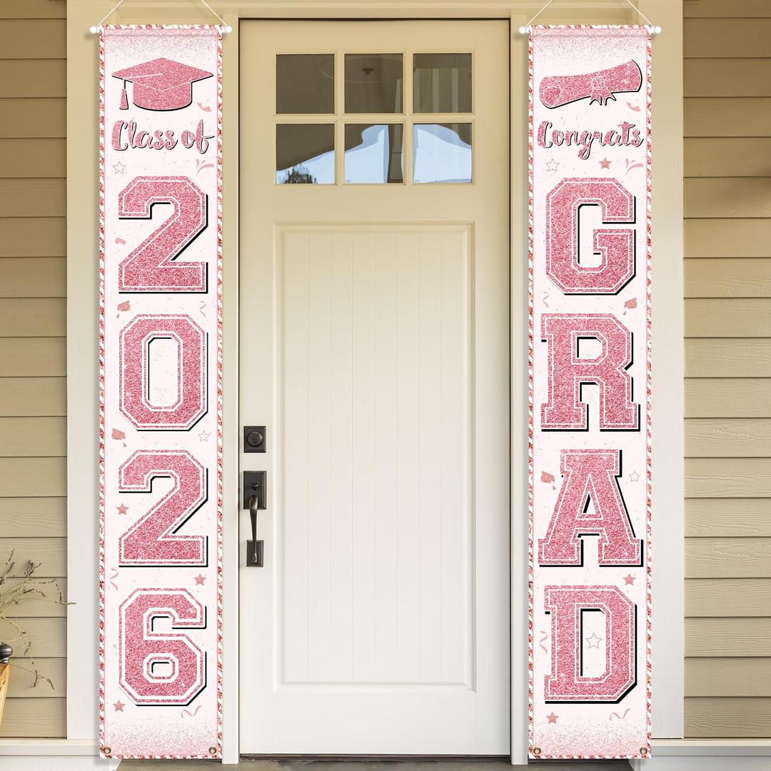 Pink Graduation Party Decorations Class of 2026 Porch Sign Congrats Grad Rose Gold Graduation Banners Door Hanging for High School College Party Supplies