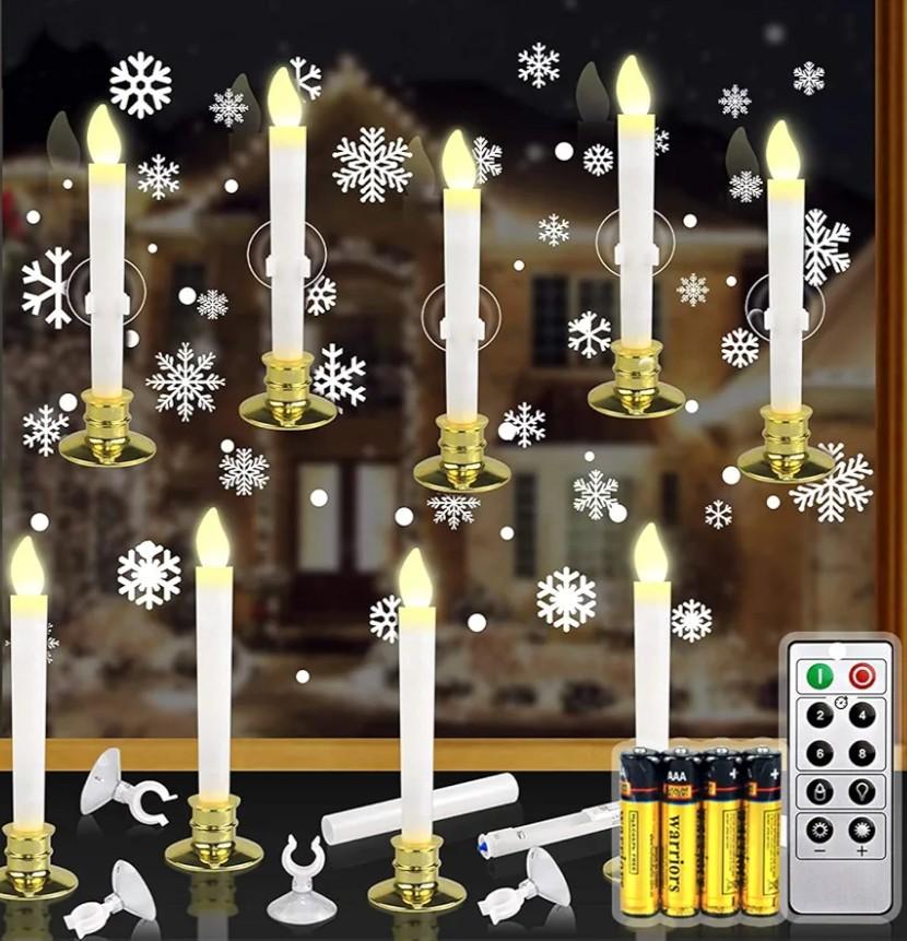 10 Set Christmas Window Candles Lights with Timer Battery Operated Electric LED Taper Candles Flameless for Windows, Gold Candle Holders, Suction Cups & 20 PCS Battery Included (10 Set)