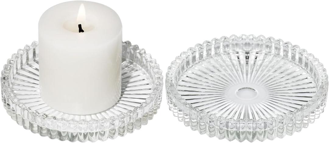 Vixdonos 3.8 Inch Glass Pillar Candle Holder Set Pack 2 Gear Round Plate Serrated Candle Stand for Table Centerpieces,Party, Wedding and Home Decor