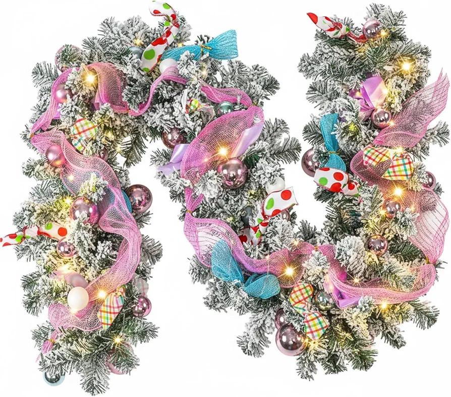 Riceshoot 6 ft Pastels Christmas Garland with Lights for Mantle Pink Candy Xmas Garland Macarons Christmas Decorations for Front Door Fireplace Porch Table Centerpiece Outdoor Party Decor