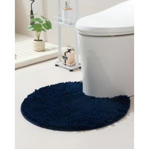 Soft Shaggy Round Toilet Rug U Shaped for Bathroom, Excellent Absorbent Contour Toilet Mat Machine Washable, Non-Slip Microfiber Chenille Bathroom Rugs 24" Navy Blue