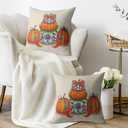 Blue Orange Fall Thanksgiving Pillow Covers 18X18 Set of 2, Autumn Pumpkin Print Chinoiserie Decorative Throw Pillow Covers Outdoor Farmhouse Seasonal Cushion Cases Couch Sofa Bed Decor