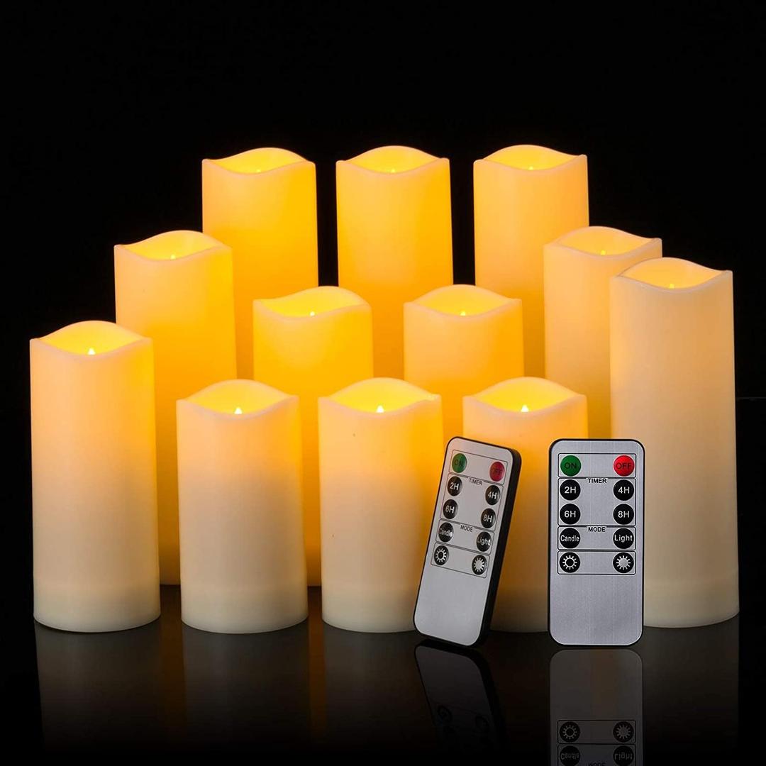 12 Pack Flameless Candles Battery Operated Waterproof Led Candles (D:2.2" X H:4" 5" 6" 7") Candles with 2 Remotes Contro for Wedding, Party, Birthday, Outdoor/ Indoor Decoration(Plastic)