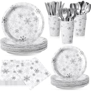 210 Pcs Winter Snowflake Paper Plates and Napkins Set Winter Wonderland Birthday Party Supplies Disposable Tableware Snowflake Plates Napkin Cup Knife Fork Spoon Party Decorations (Silver)