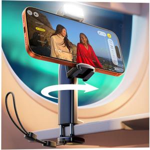 LISEN Airplane Travel Essentials (LED) Phone Stand Holder for Desk Cruise Ship Essentials 2026 Mount Airplane Gadgets Women Men Long Flight Accessories Photographic Lighting Flash Tubes Kids Gifts | Cold Shoe and 1/4" Screw, 360° 180° Tilts Adjustable Cell Phone Clamp, Phone Holder for Airplane and Photography Setup Tripod