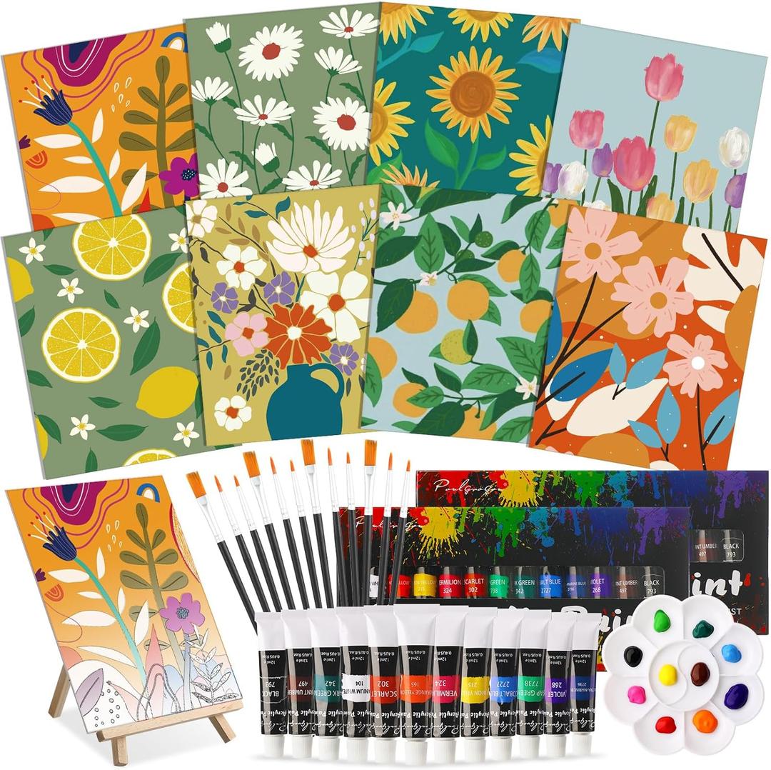 Cholemy 36 Pcs Paint and Sip Kit for Adults 8''x10'' Pre Drawn Canvas for Painting DIY Afro Acrylic Painting Kit Wood Easel Brushes Date Night Bulk for Mother's Day Party Gifts(Flowering)