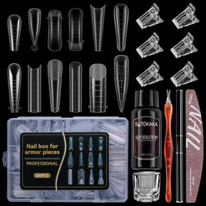288Pcs Polygel Nail Form Kit 12 Style 12 Sizes Reusable Nail Extension Mold Dual Forms with 6Pcs Nail Clips, Nail Slip Solution, Brush Pen, Nail File & Cuticle Pusher for Beginners (Clear-Mixed Shape)