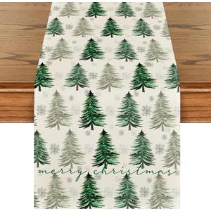 Artoid Mode Xmas Trees Snowflake Christmas Table Runner, Seasonal Winter Green Kitchen Dining Table Decoration for Home Party Decor 13x72 Inch