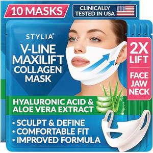 Stylia MaxiLift V-Line Lifting Collagen Face Mask - Double Chin Strap - Jawline Shaper - Neck Firming and Tightening Mask with Hyaluronic Acid & Aloe Vera - Chin Strap for Sleeping (9PC)