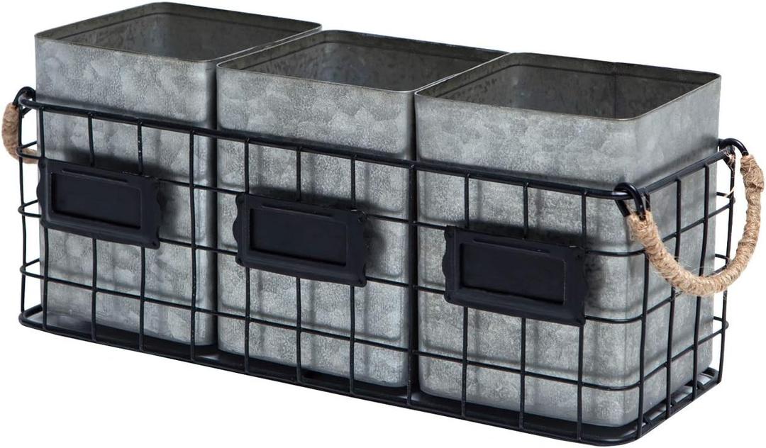 NIKKY HOME Farmhouse 3 Compartment Galvanized Flatware Cutlery Caddy Countertop Silverware Holder for Spoons, Knives, Forks - Silver